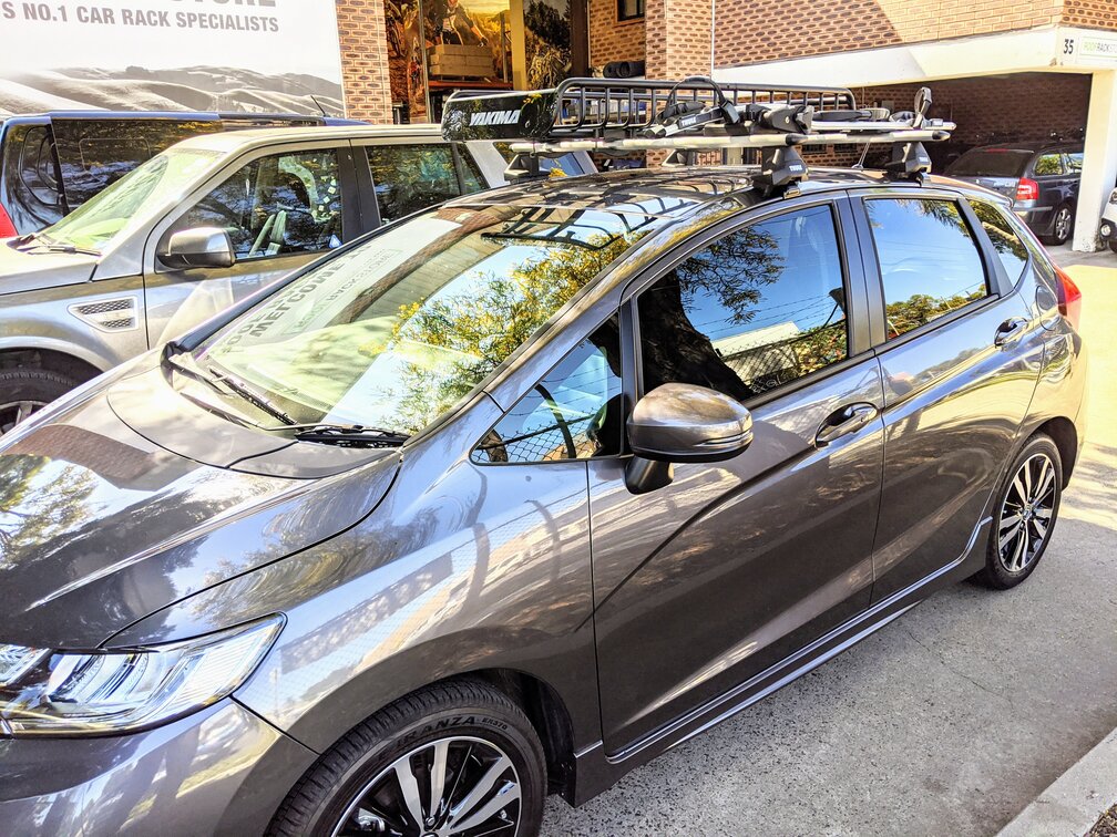 Honda Jazz With Yakima SkinnyWarrior Roof Basket & Thule ProRide 598 Bike Carrier On Thule Evo Roof Rack