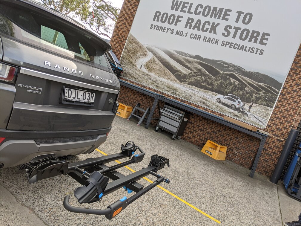 Range Rover Evoque With Rockymounts MonoRail 2 Bike Hitch Mounted Carrier